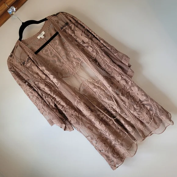 UMGEE Oh Sweet Lace! Mocha Floral Lace Open Front Kimono with Waist Tie - Picture 10 of 10